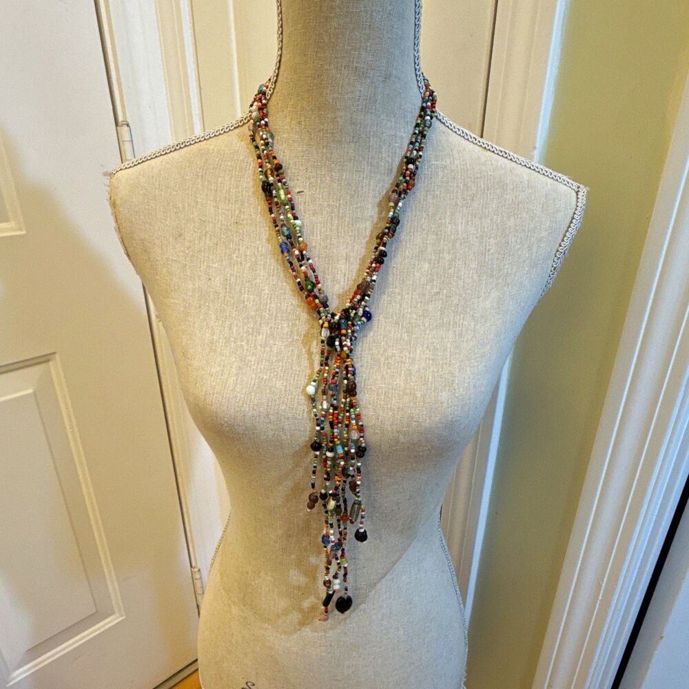 MULTICOLOR MULTI-STRAND GLASS BEADED NECKLACE YELLOW MARQUISE 24 IN BOHO